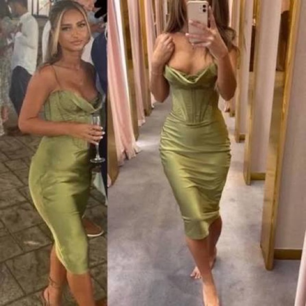 House of CB Olive Satin Midi Dress myrna olive satin corset slip dress xs